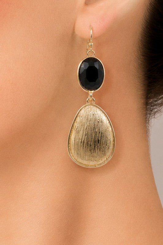 Black Crystal & Textured Gold Teardrop Drop Earrings