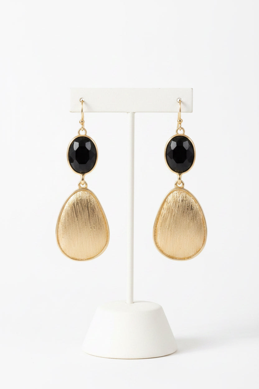 Black Crystal & Textured Gold Teardrop Drop Earrings