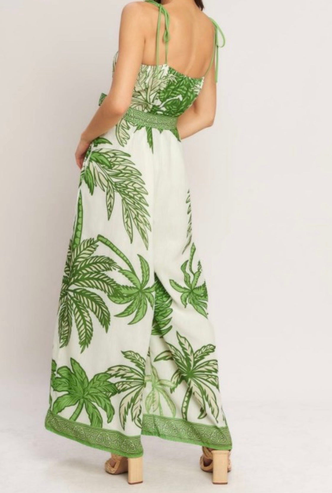 Printed Woven Green Tropical Tie Strap Jumpsuit