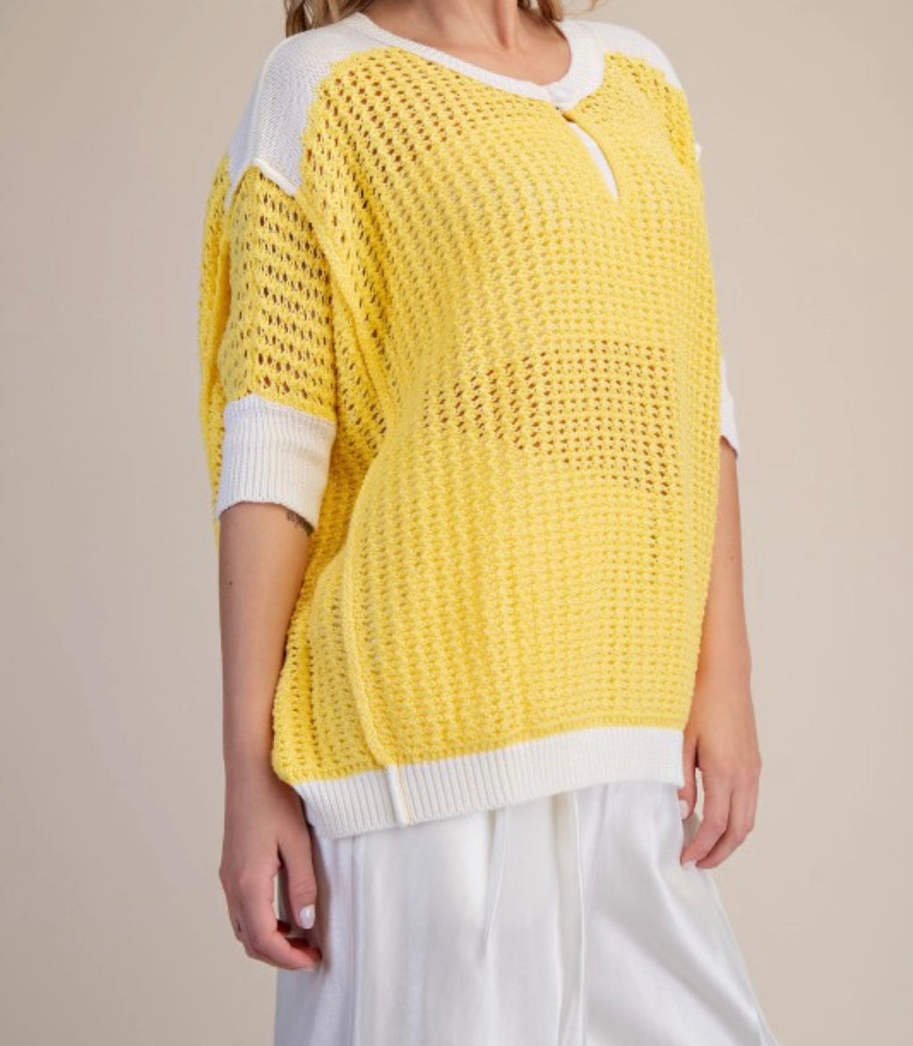 Keyhole Open-Stitch Sweater in Butter Yellow