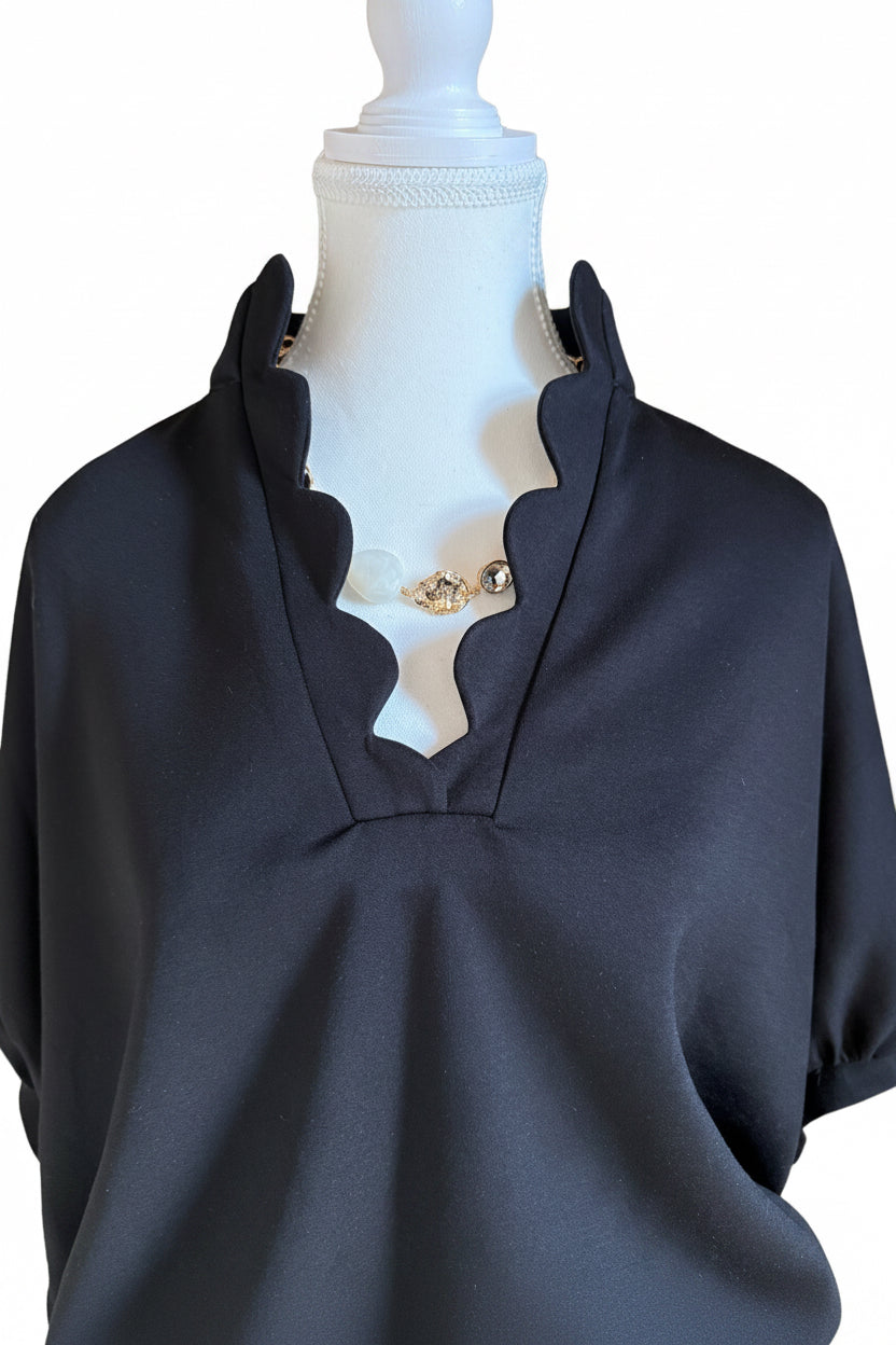 Scallop Neckline Oversized Top in Black