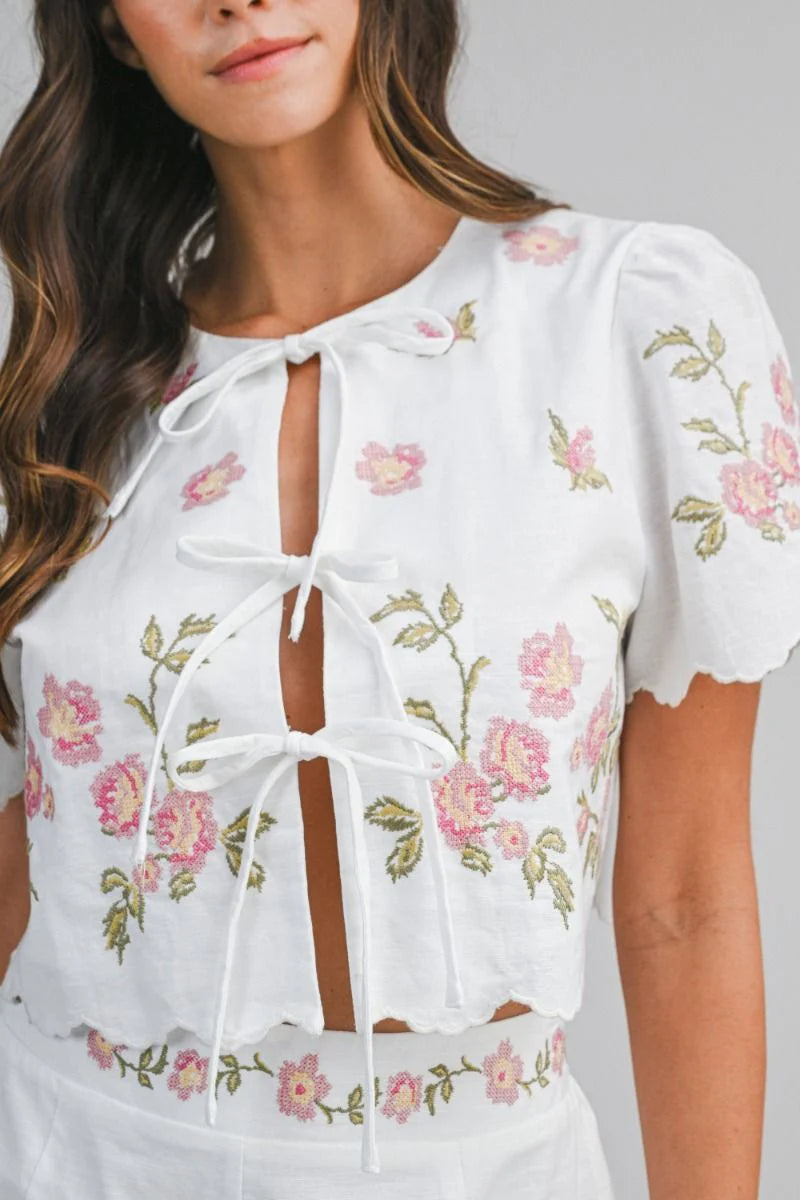 Pink & White Embroidery Short Sleeve & Short Set