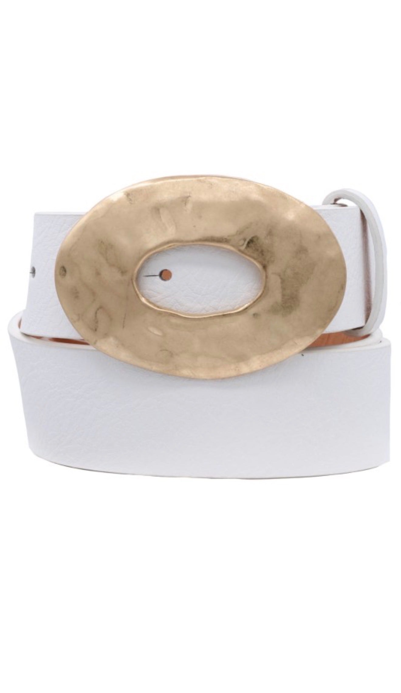 Pounded Oval Buckle Faux Leather Belt – White