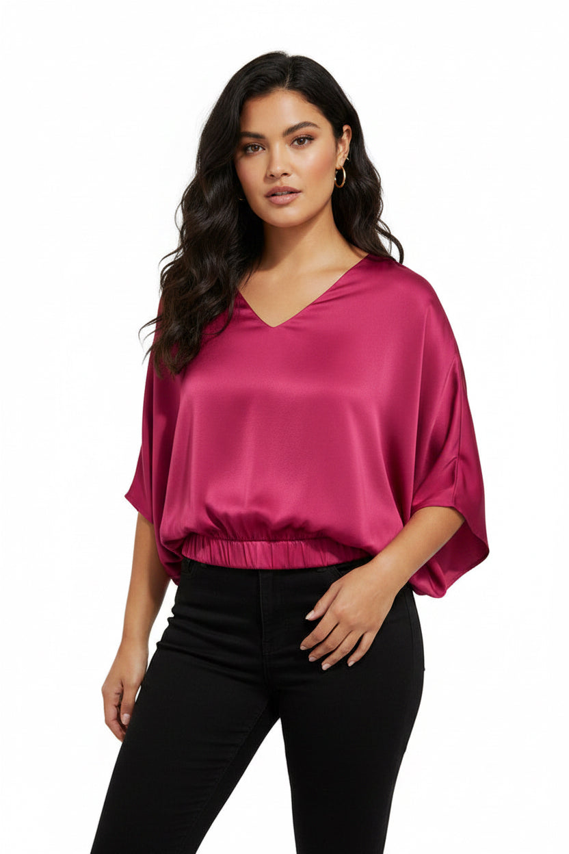 Magenta Rose Satin V-Neck Flowy Top