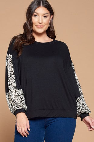 Black Animal Print Balloon Sleeve Top