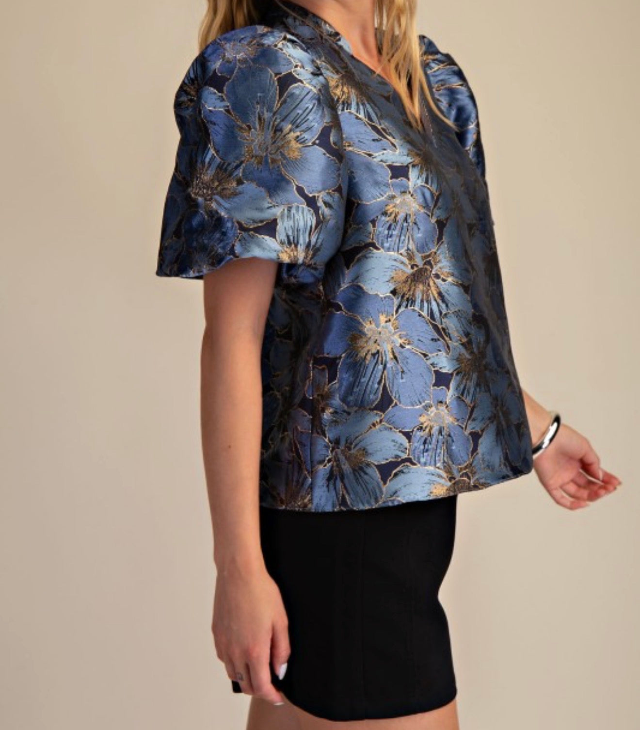 V-Neck Puff Sleeve Top in Blue & Black