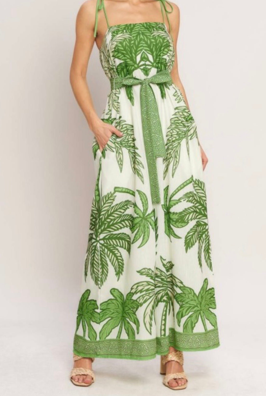Printed Woven Green Tropical Tie Strap Jumpsuit