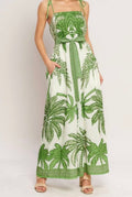 Printed Woven Green Tropical Tie Strap Jumpsuit