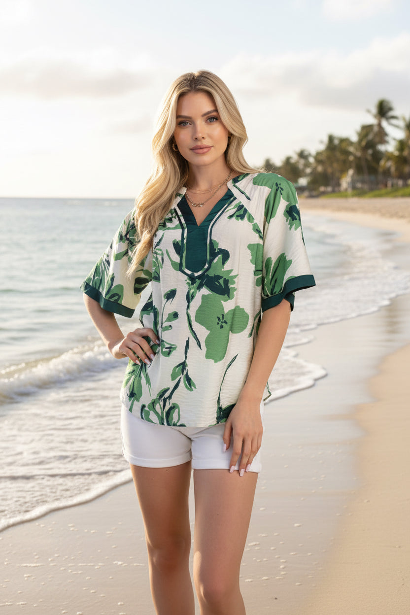 Sage Green Floral Satin Border Top