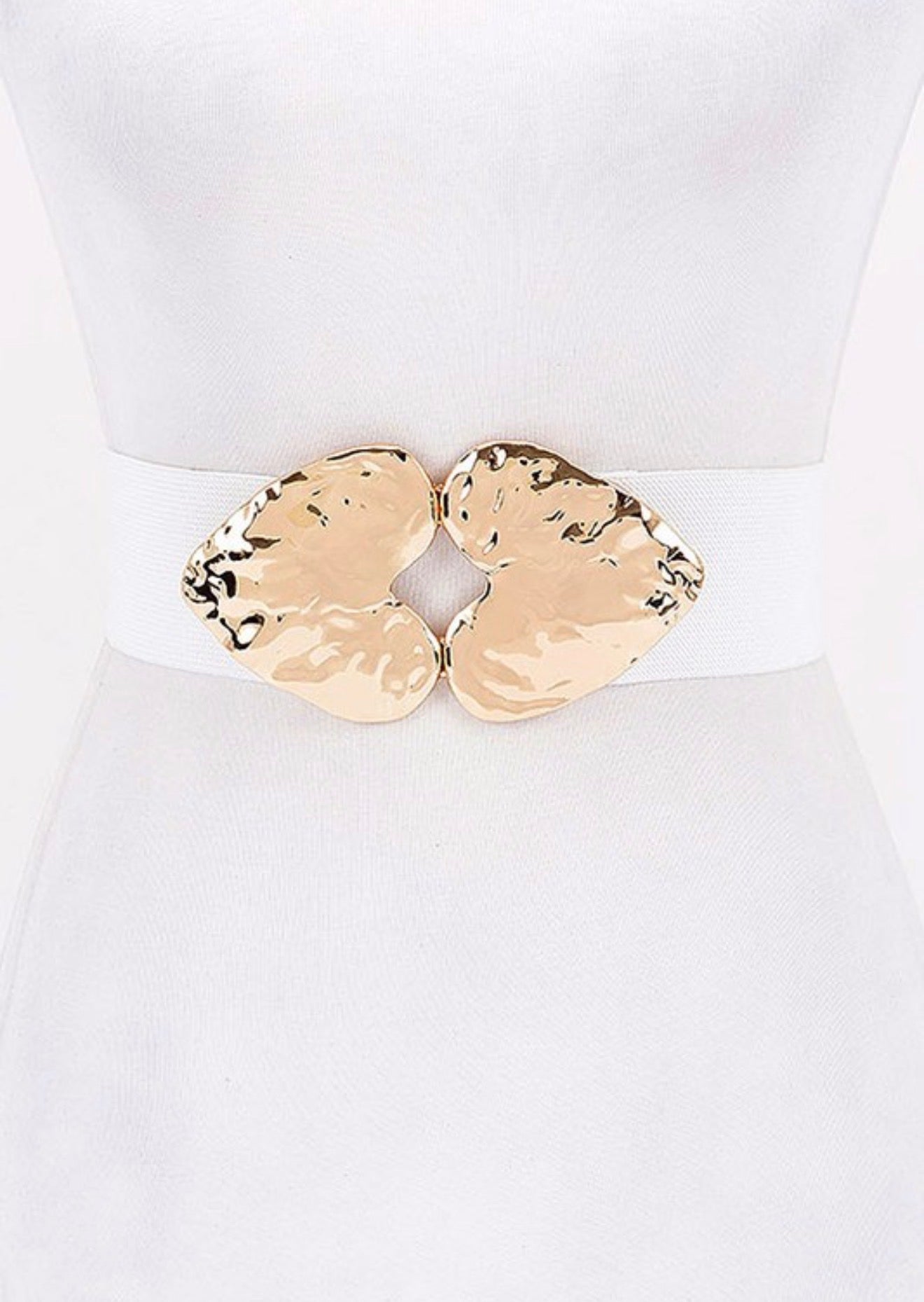 Double Metal Heart Buckle Stretch Belt – White & Gold