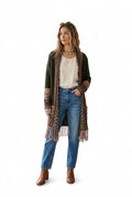 Olive Geometric Fringe Longline Cardigan