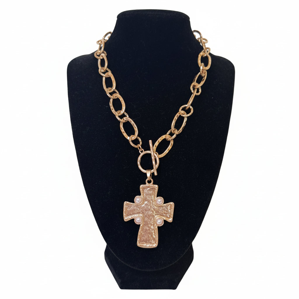 Gold Hammered Chain Cross Necklace