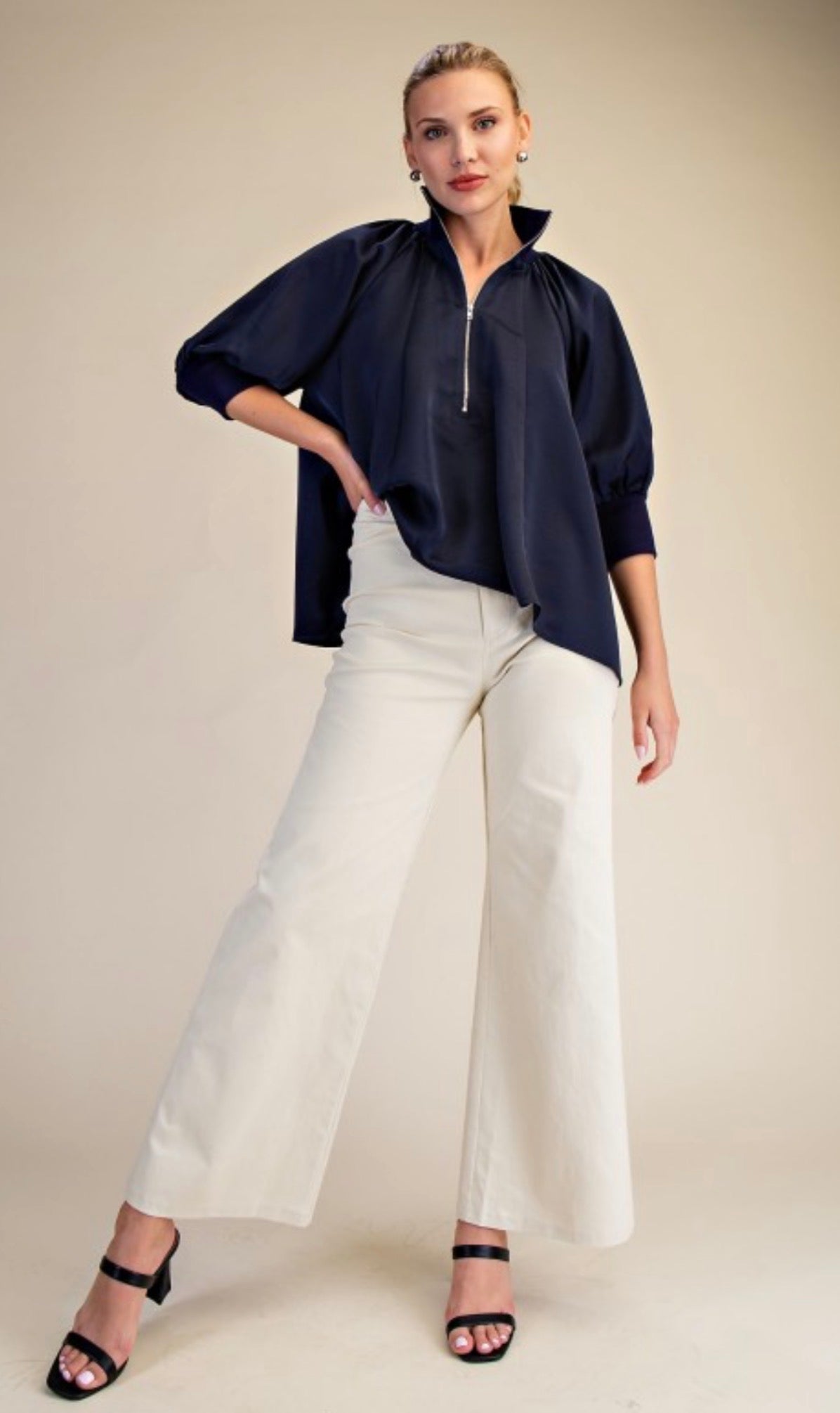 Navy Zip Neck Blouse