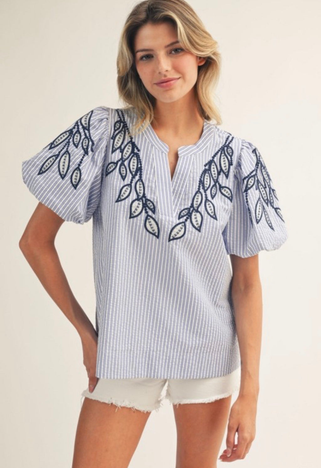 Embroidered Applique Detail Top in Blue