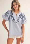 Embroidered Applique Detail Top in Blue