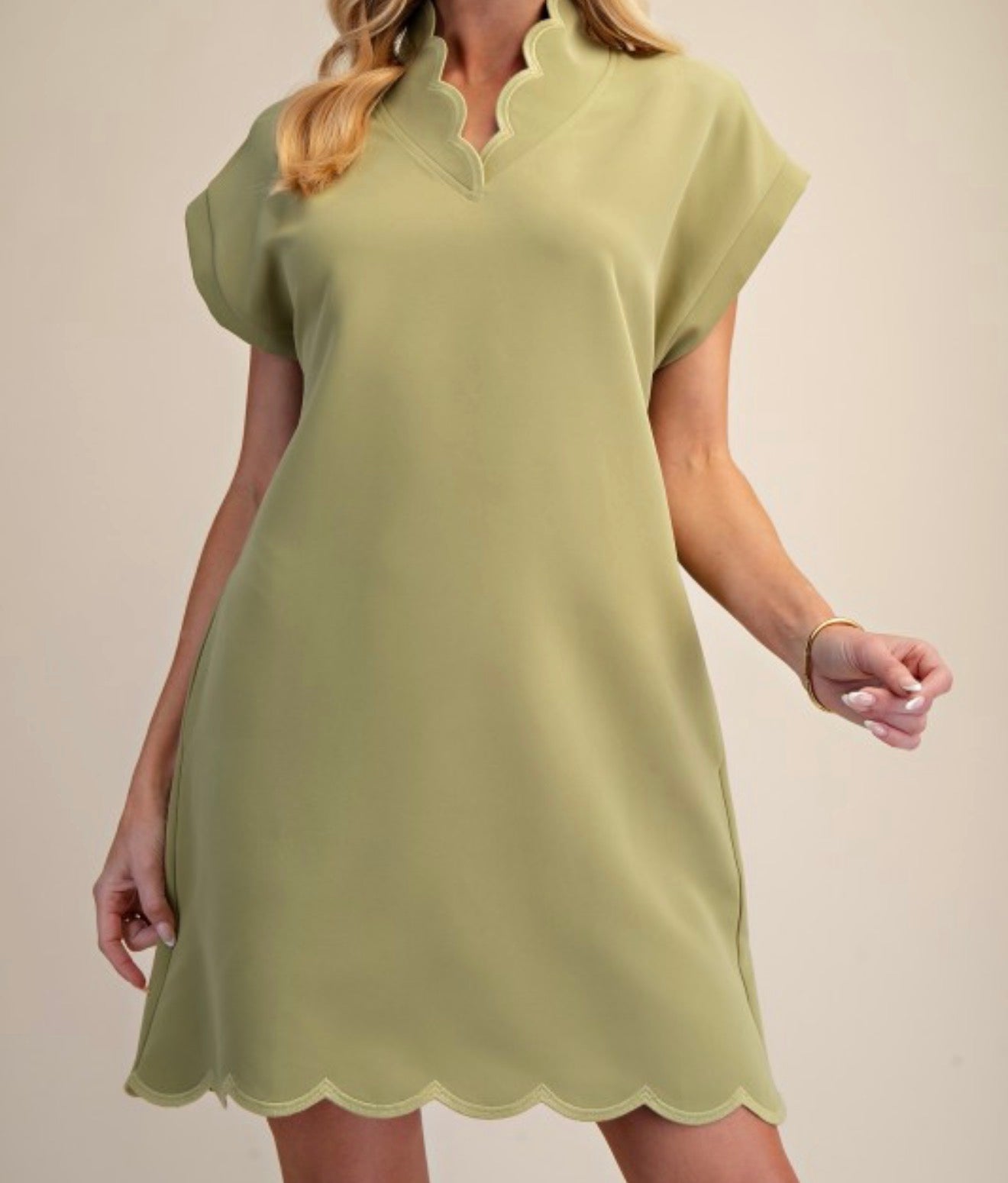 Scallop V-Neck Dress in Sage