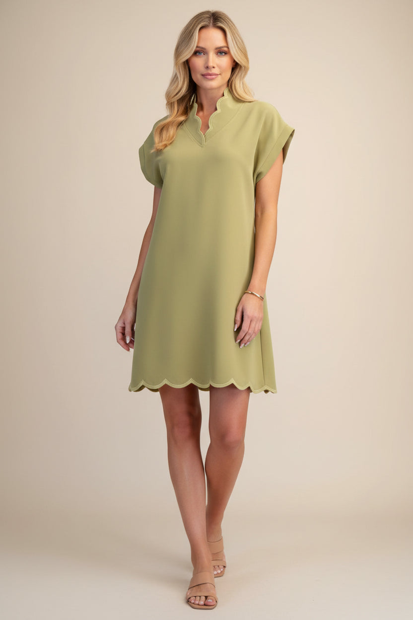 Scallop V-Neck Dress in Sage