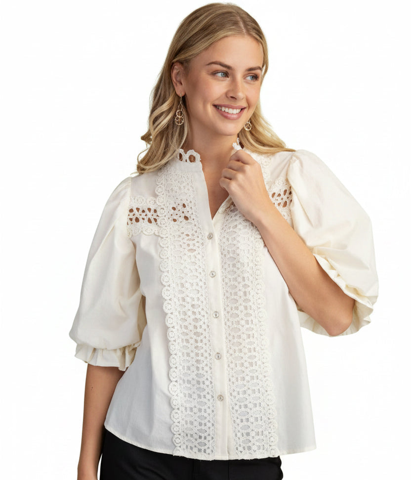 Cream Trim Detail Button-Down Blouse
