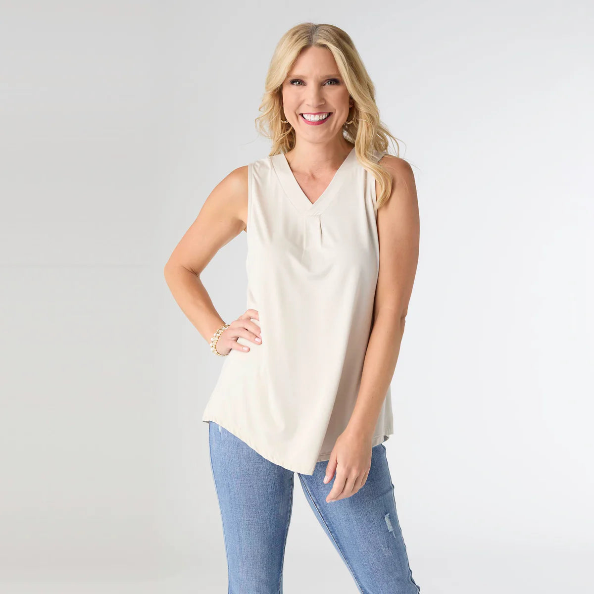 Cloud Dancer Pleat Back V-Neck Tee
