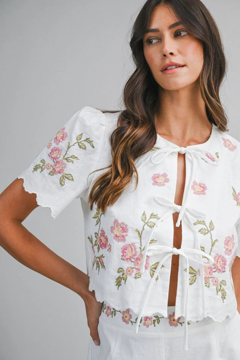 Pink & White Embroidery Short Sleeve & Short Set