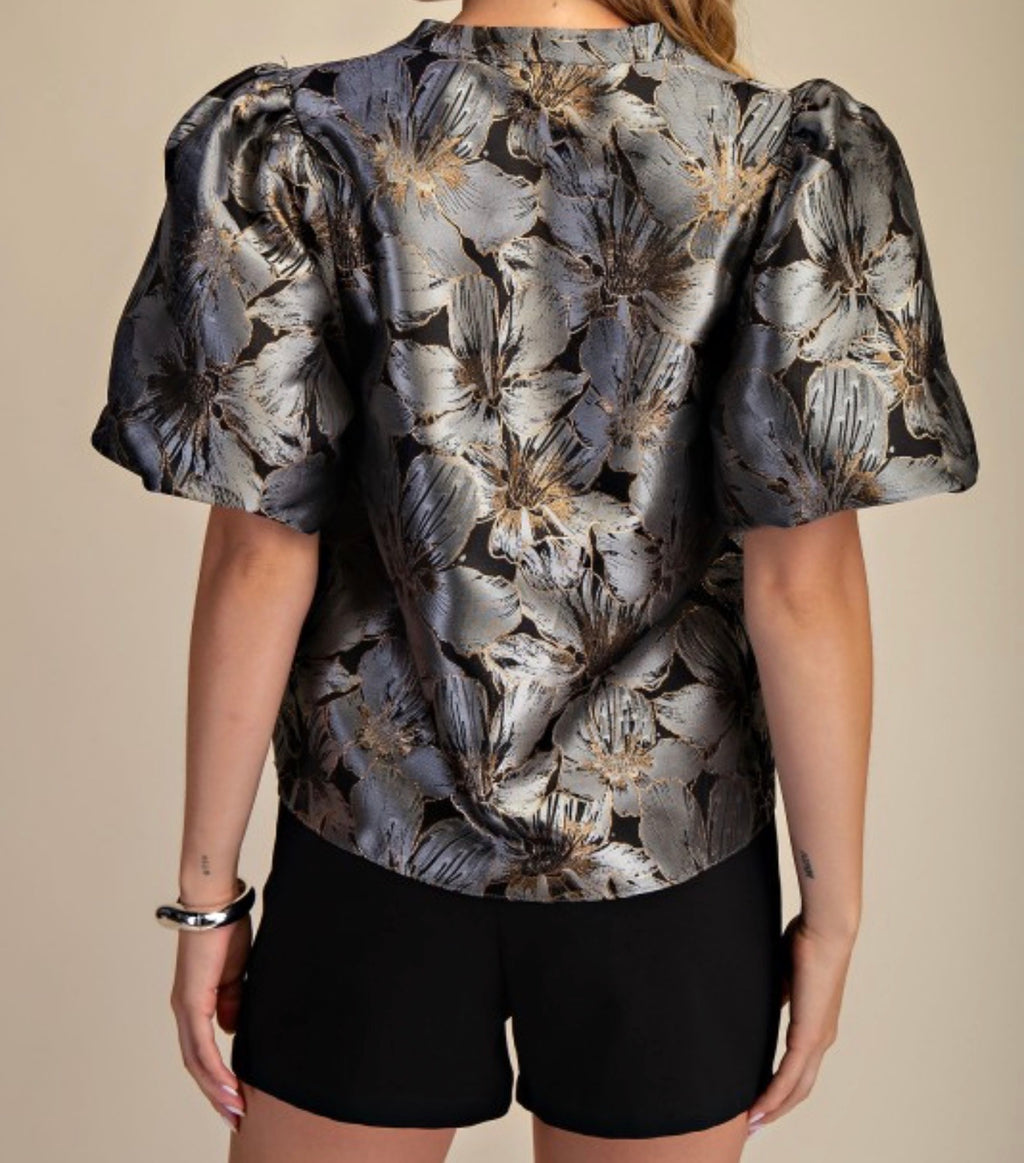 V-Neck Puff Sleeve Top in Black & Silver