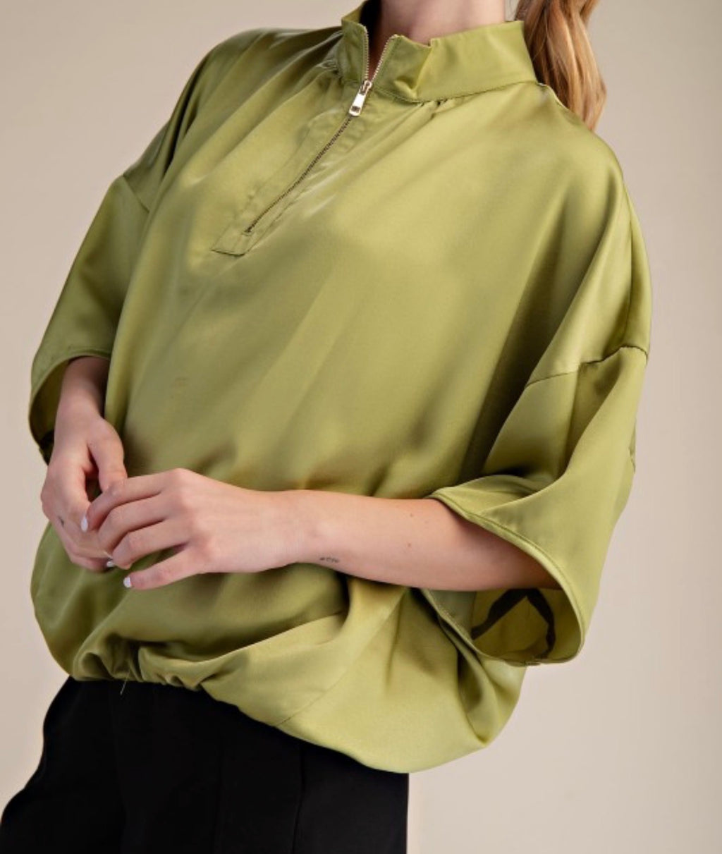 Chartreuse Satin Half-Zip Top