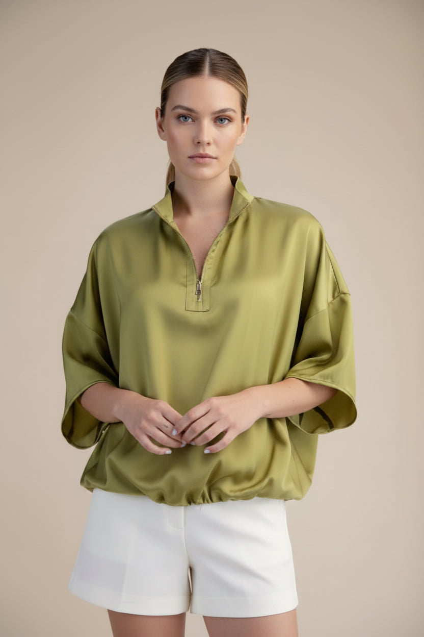 Chartreuse Satin Half-Zip Top
