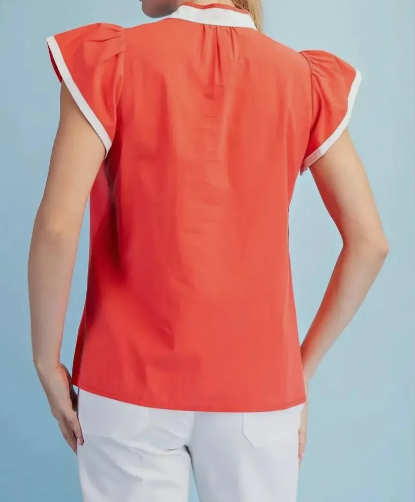 Floral Embroidered V-Neck Top in Tomato