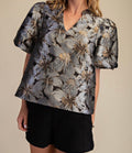 V-Neck Puff Sleeve Top in Black & Silver