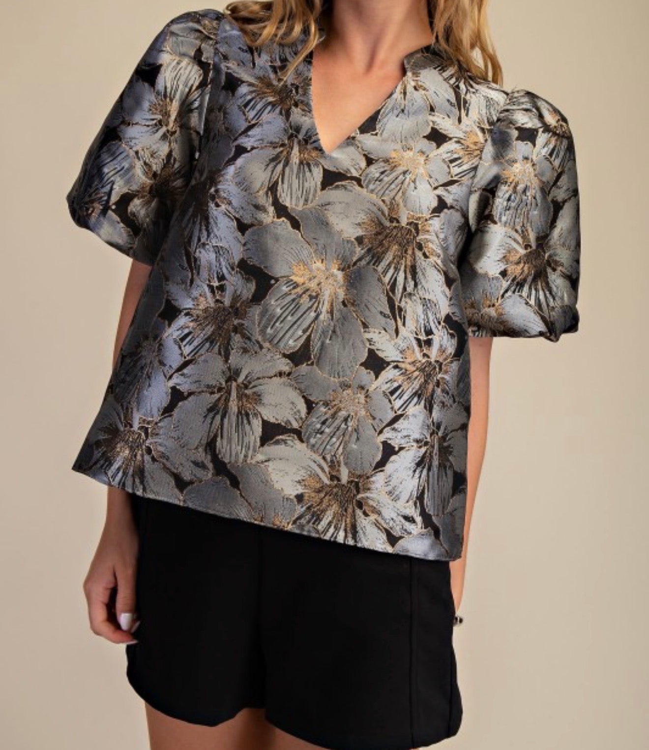 V-Neck Puff Sleeve Top in Black & Silver