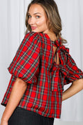 Red Plaid Puff Sleeve Bow-Back Blouse