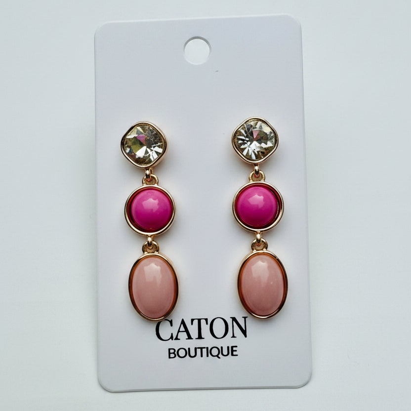 Pink Layered Triple Stone Drop Earrings