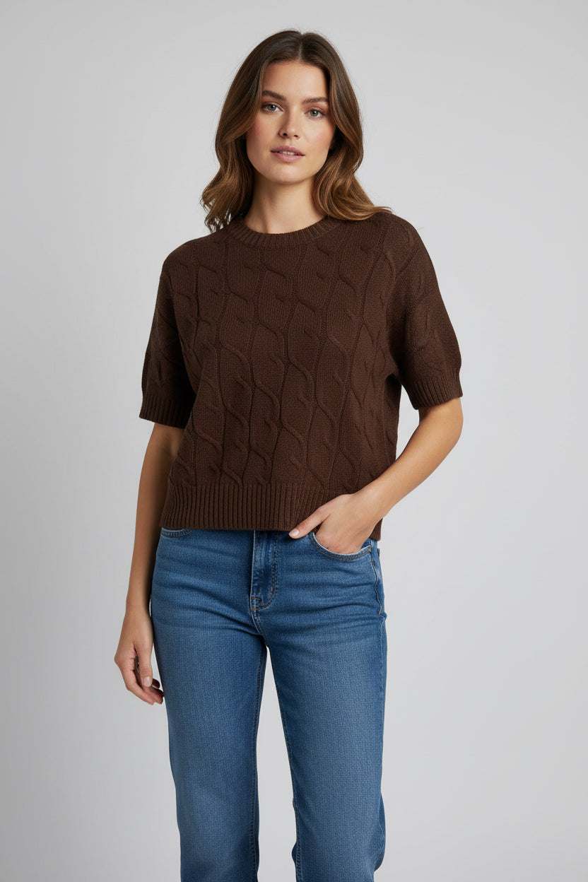 Cocoa Cable Knit Short Sleeve Sweater Top