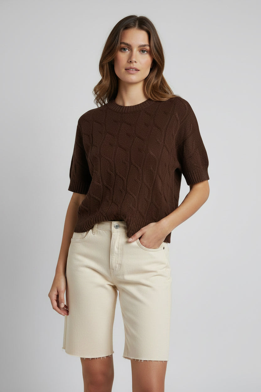 Cocoa Cable Knit Short Sleeve Sweater Top