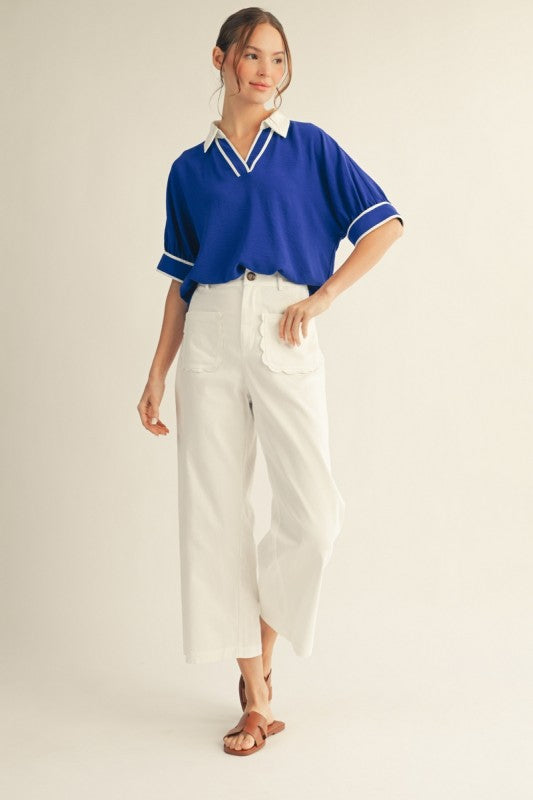 Scallop Edge Pocket Detail Wide Leg Pants