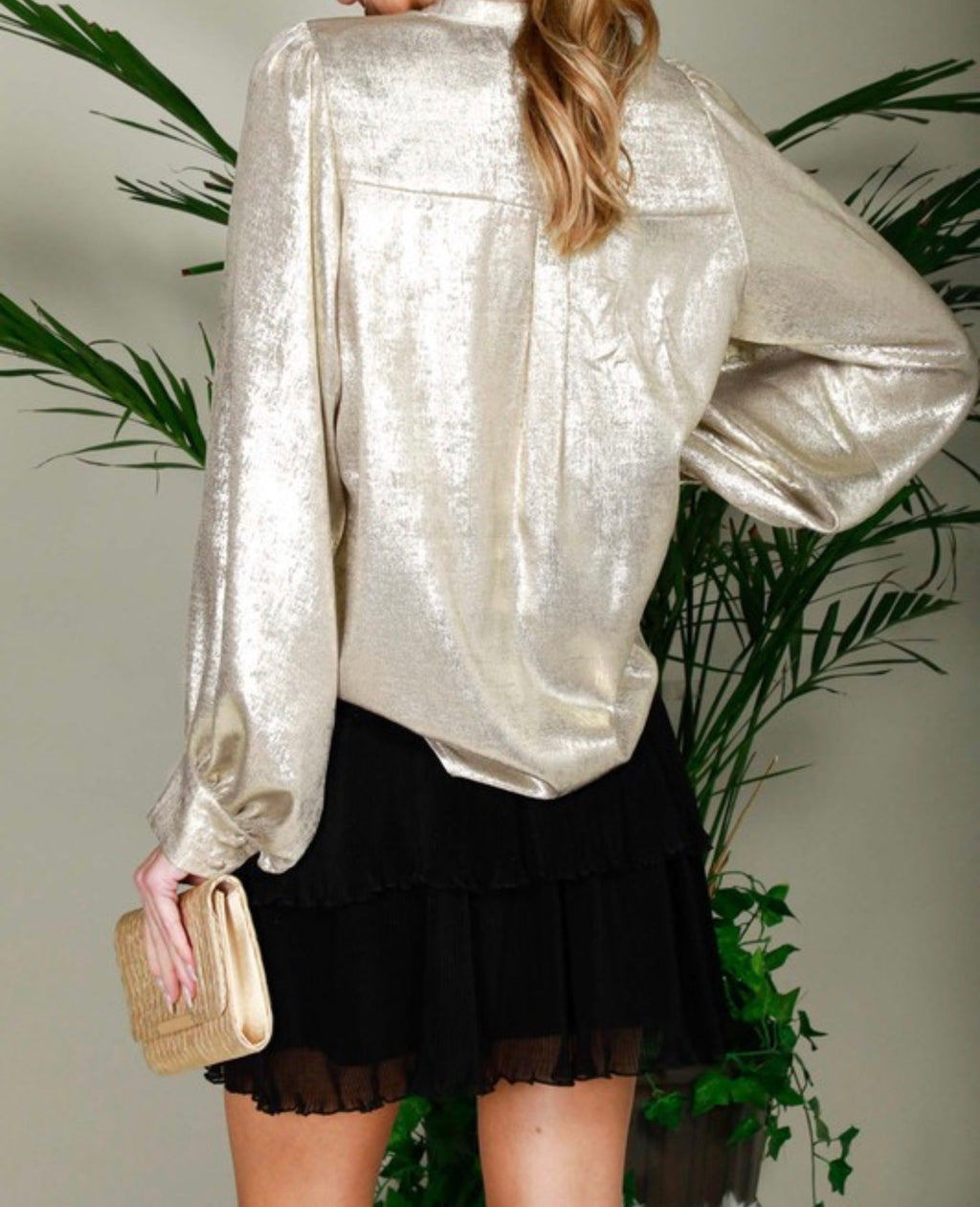 Champagne Metallic Woven Long Sleeve Blouse