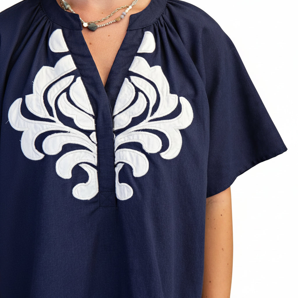 Blue Linen V-Neck Dress with Embroidered Details