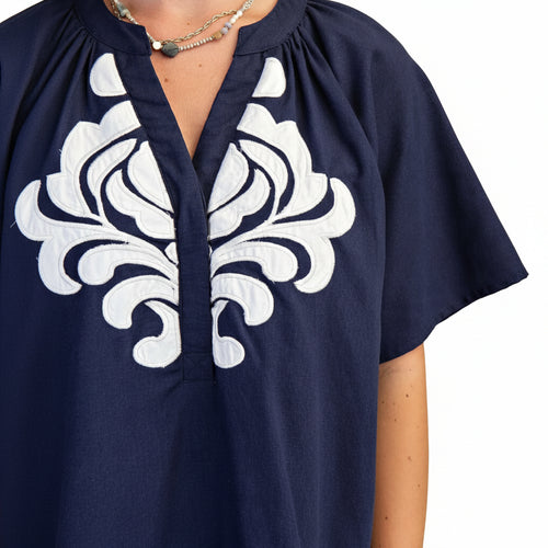 Blue Linen V-Neck Dress with Embroidered Details