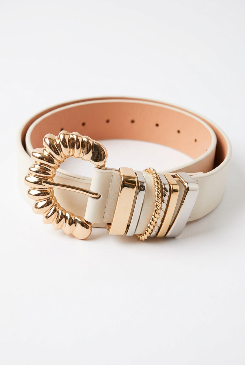 White Belt with Rippled Gold & Silver-Tone Half-Moon Buckle