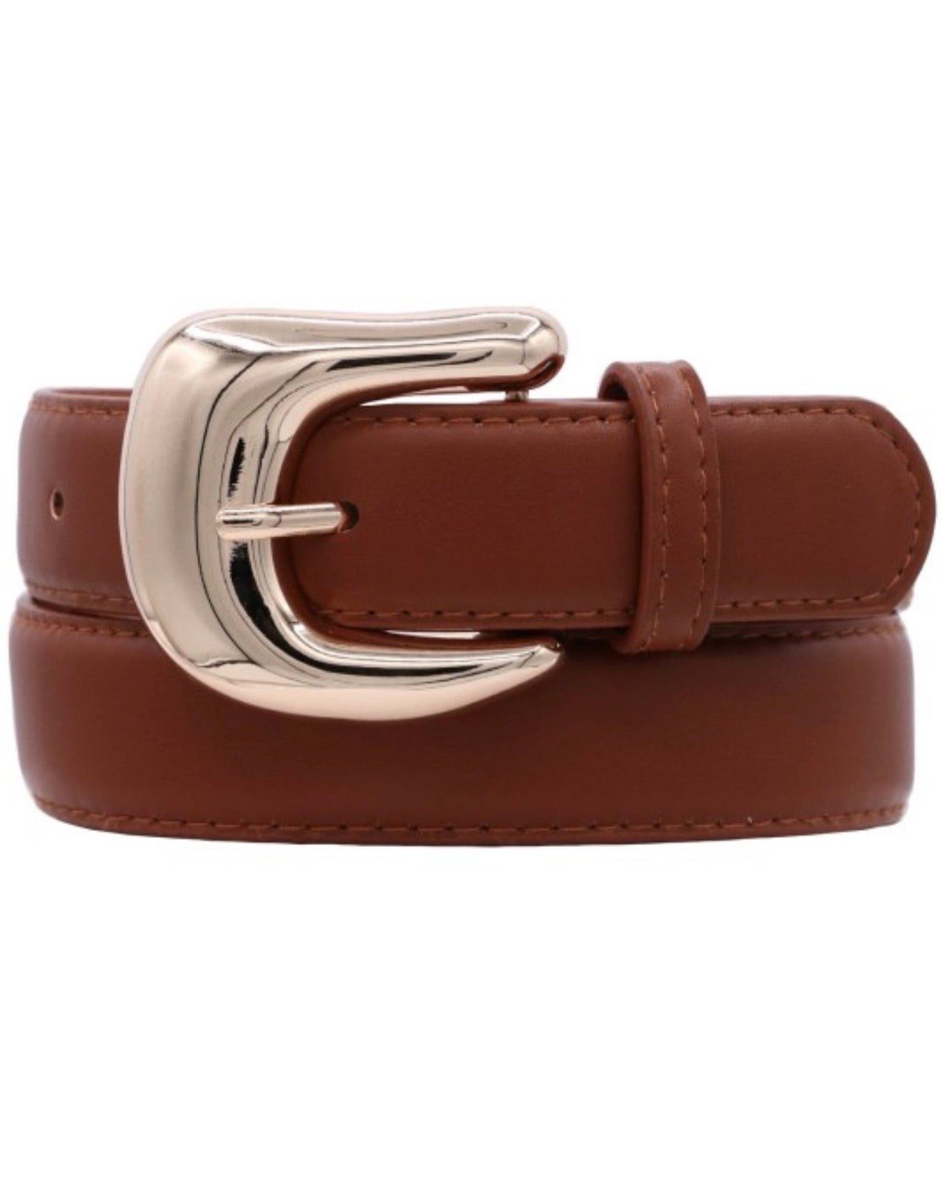 Faux Leather Organic Curve U Buckle Belt in Cognac