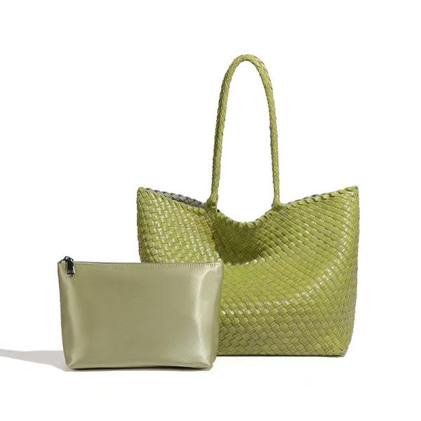 Lime Green Embossed Woven Tote with Pouch