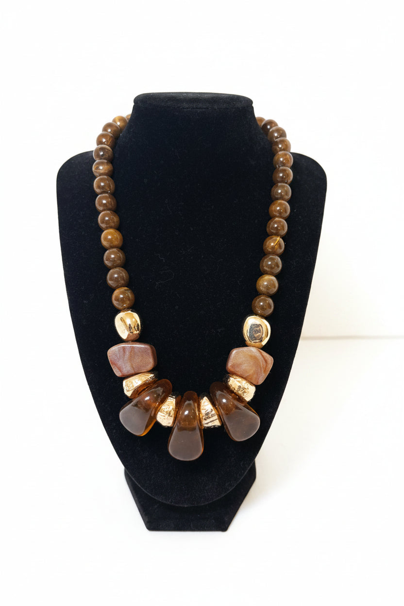 Gold Dipped Marbled Chunky Statement Necklace – Brown