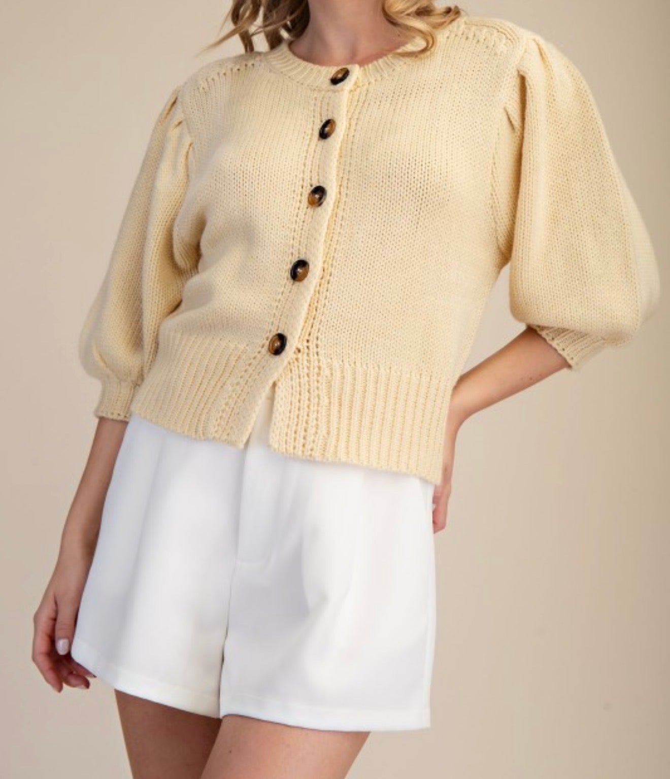 Butter Yellow Puff Sleeve Button-Down Sweater