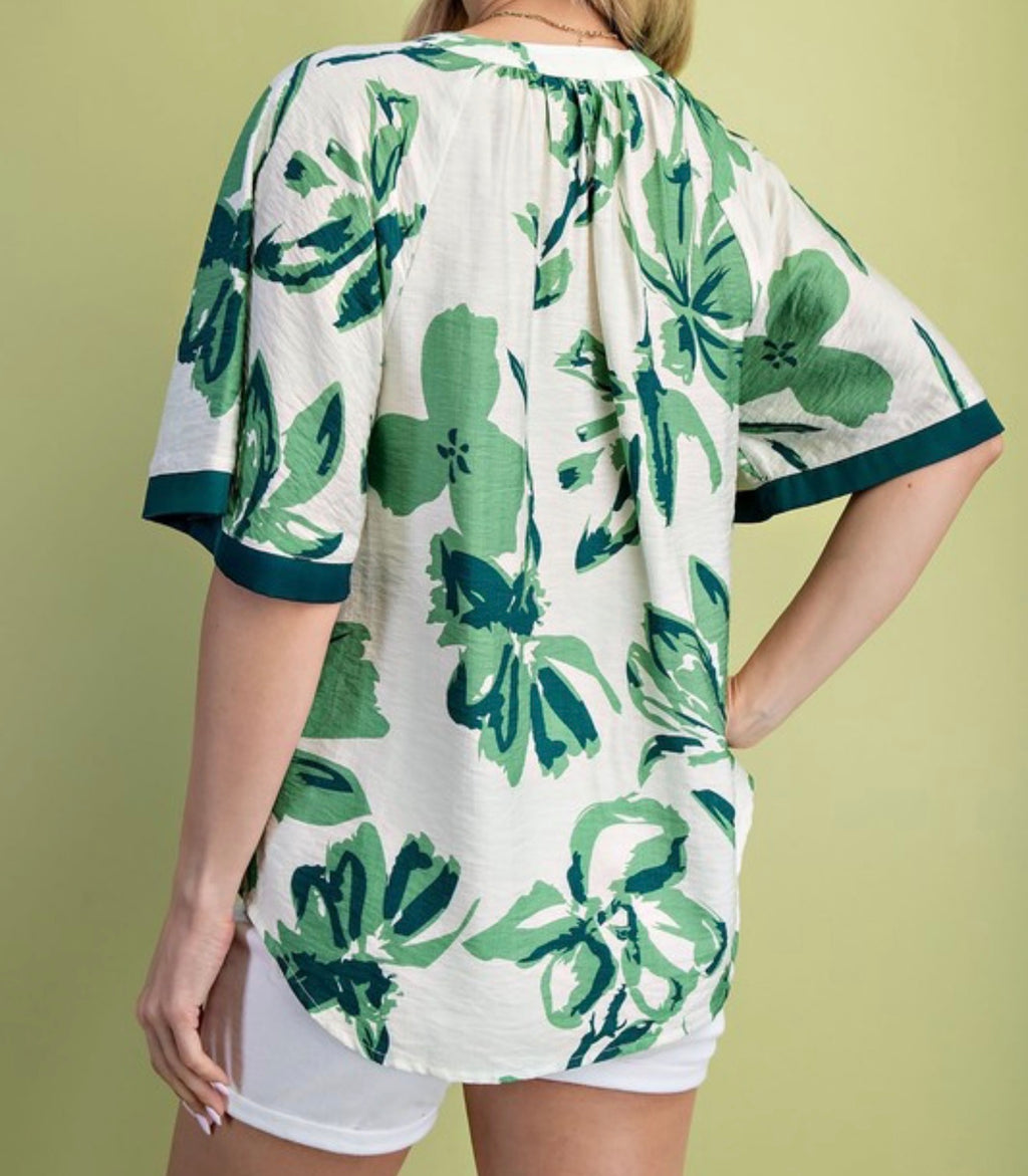 Sage Green Floral Satin Border Top