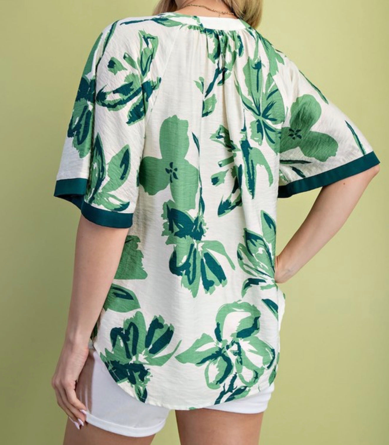 Sage Green Floral Satin Border Top