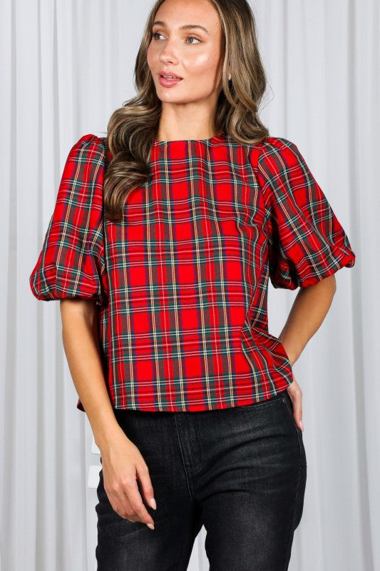 Red Plaid Puff Sleeve Bow-Back Blouse