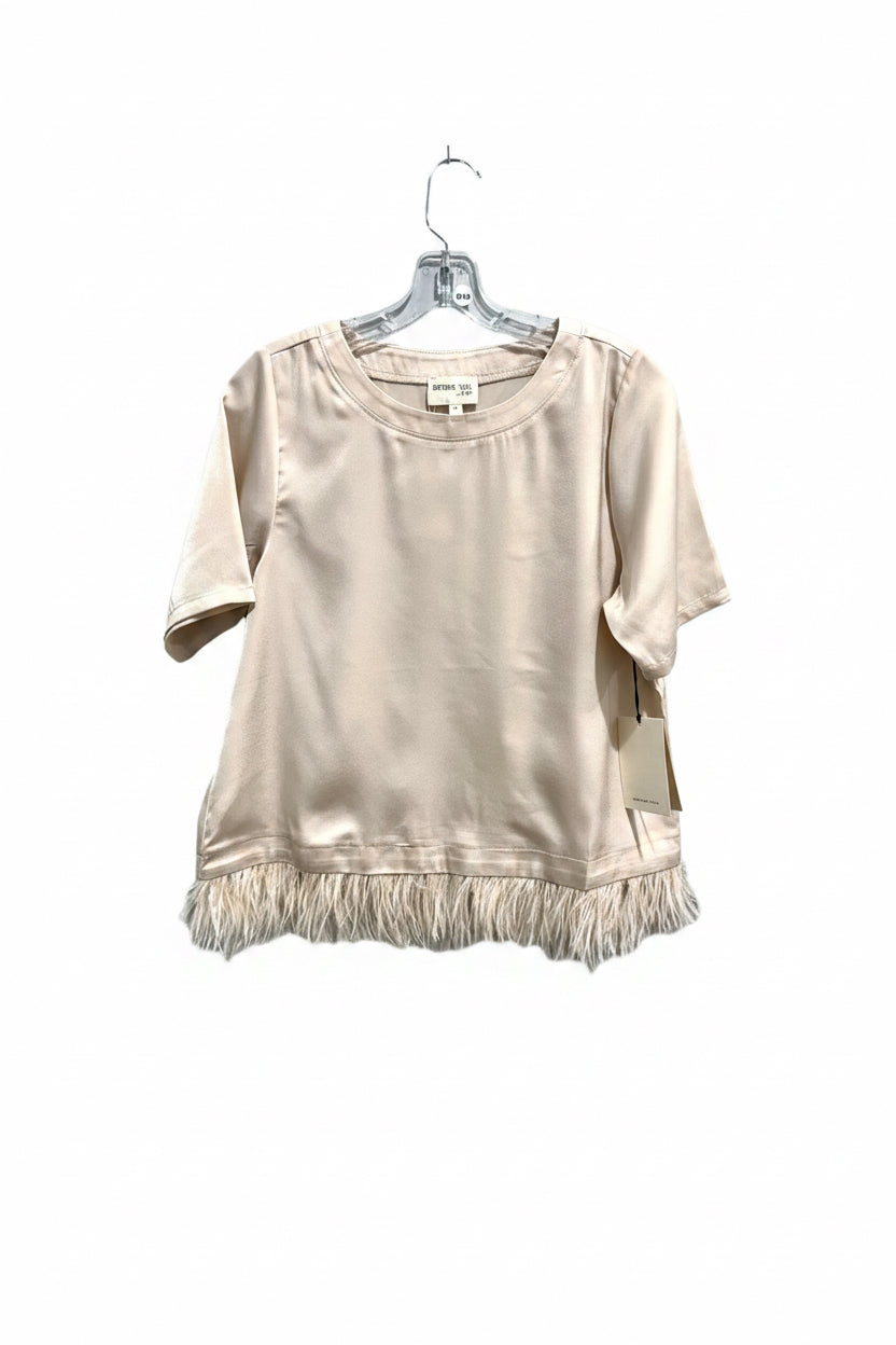 Champagne Satin Feather Trim Short Sleeve Top