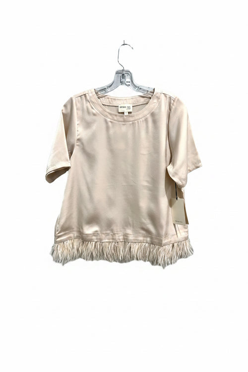 Champagne Satin Feather Trim Short Sleeve Top