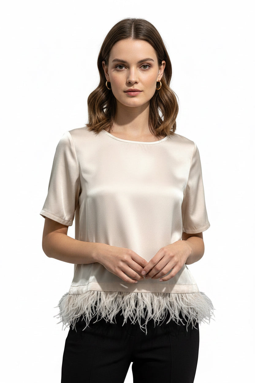 Champagne Satin Feather Trim Short Sleeve Top