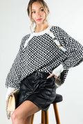 Black & White Geometric Button Detail Sweater